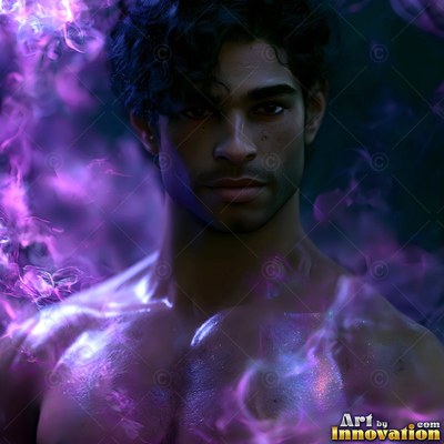Shirtless man with dark wavy hair surrounded by purple smoke