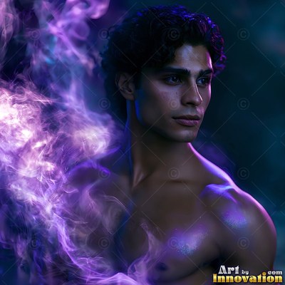 Dark curly hair frames a shirtless man beside thick purple smoke on a dark background