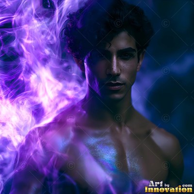 A shirtless man gazes forward as bright purple smoke curls over his shoulder