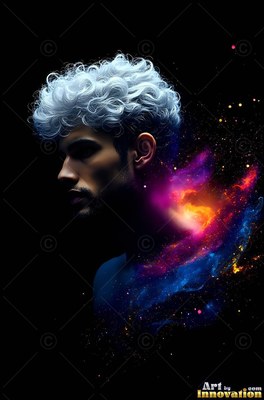 Turned in profile in the dark, a man with curly hair has colorful powder on his neck