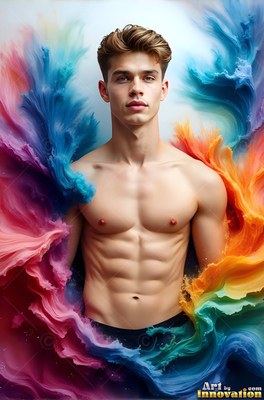 A shirtless young man stands framed by swirls of blue and orange powder