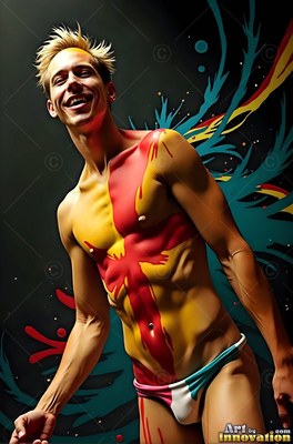 Against a dark backdrop, a smiling man poses in red and yellow body paint
