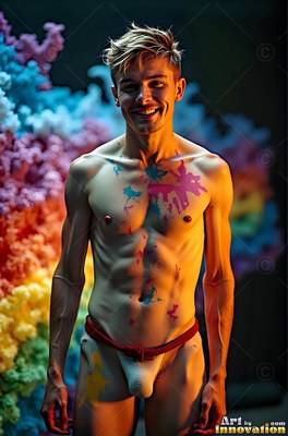 Smiling with paint splattered on his chest, a slender man poses by soft colors