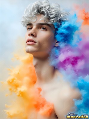 A man with silver hair surrounded by blue and orange smoke clouds
