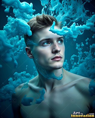 Short brown hair tops a shirtless young man surrounded by swirls of light blue clouds
