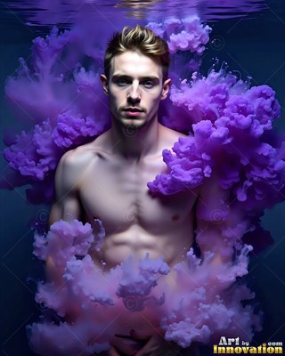 A man without a shirt stands surrounded by thick clouds of purple smoke in dark water