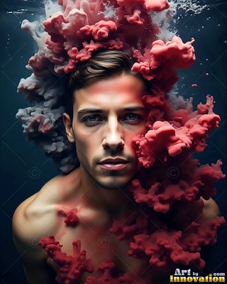Facing forward underwater, a shirtless man is surrounded by thick red clouds