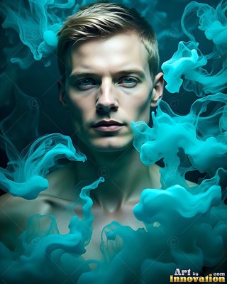 A blond shirtless man stares forward surrounded by swirling blue smoke clouds