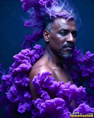 In dark blue space, a shirtless man is surrounded by purple smoke