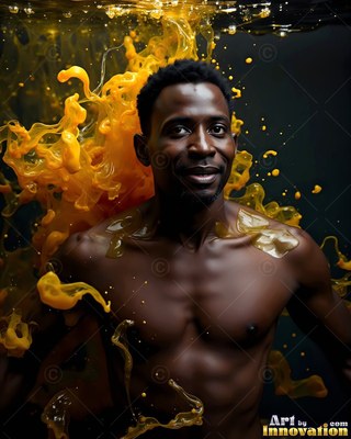 Smiling underwater, a shirtless man is surrounded by swirling yellow paint