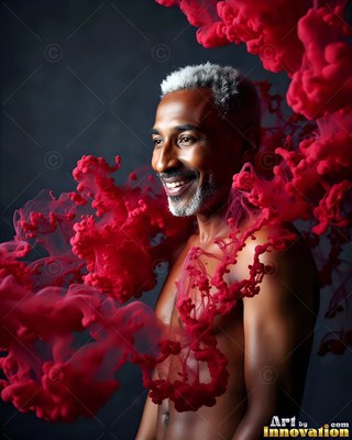 Grinning shirtless man with red smoke around him