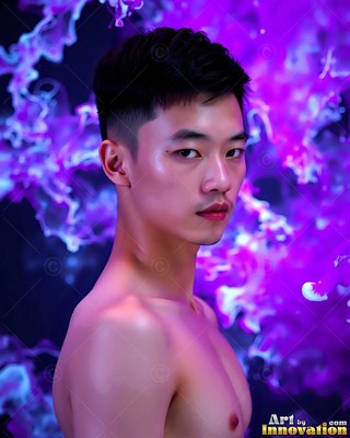 A shirtless man with short dark hair turns his head before swirls of purple smoke