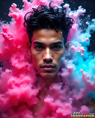 A man looks forward while surrounded by thick clouds of pink and blue smoke