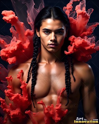 Facing forward against black, a shirtless man is ringed by coral-pink smoke clouds