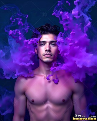 A shirtless young man looks forward surrounded by bright purple smoke clouds