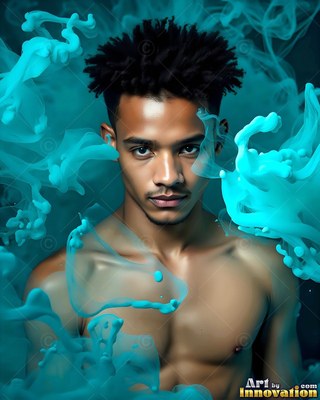 In a cloud of turquoise smoke, a shirtless man stares forward
