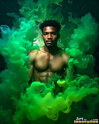 Looking forward, a shirtless Black man stands surrounded by thick green smoke clouds