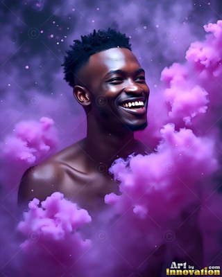 Smiling shirtless man surrounded by purple smoke clouds