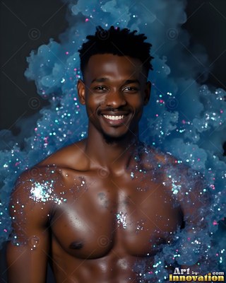 Glitter across his chest, a shirtless man with a smile stands in blue smoke clouds