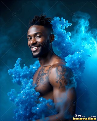 A grinning shirtless man turns sideways inside clouds of bright blue powder
