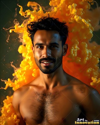 Facing forward, a shirtless man smiles before a cloud of bright yellow smoke