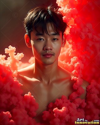 A shirtless young man looks forward surrounded by bright red smoke clouds
