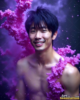 In purple smoke, a shirtless smiling man is framed by pink powder clusters