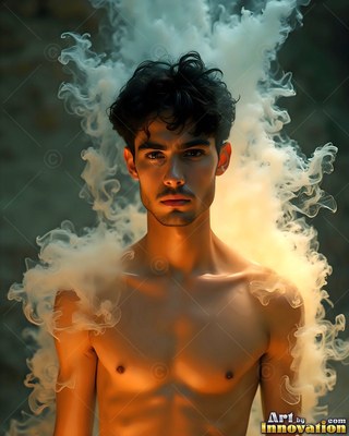 Facing forward, a shirtless young man is framed by swirling white and warm yellow smoke
