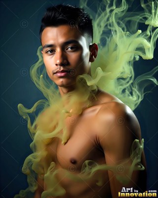Shirtless man surrounded by pale green smoke swirls