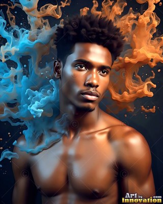 Short black curly hair on a shirtless man surrounded by blue and orange smoke clouds against black