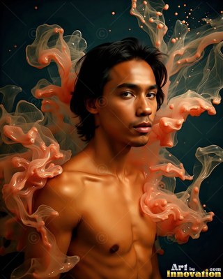 A shirtless man turns slightly as peach smoke curls around his shoulders and chest