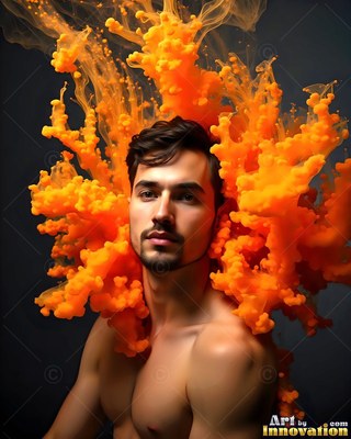 Facing forward in the dark, a shirtless man is framed by bright orange powder clouds