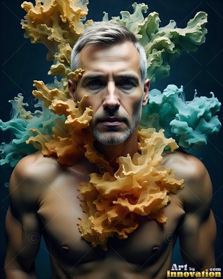A shirtless man looks ahead framed by yellow and teal powder smoke