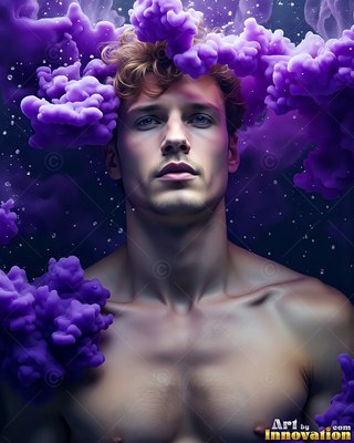 In a dark starry space, a shirtless man is surrounded by thick purple clouds