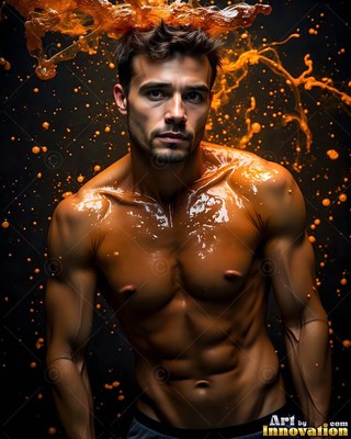 Standing bare-chested, a muscular man is splashed with glossy orange paint
