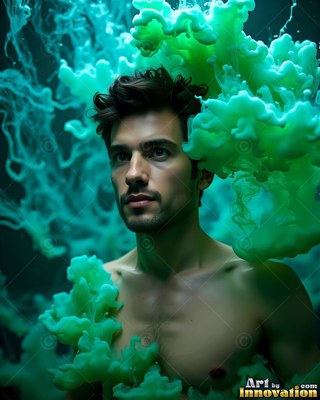 Shirtless man surrounded by clouds of green smoke