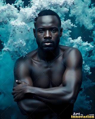A shirtless man crosses his arms as white powder settles in blue smoke around him