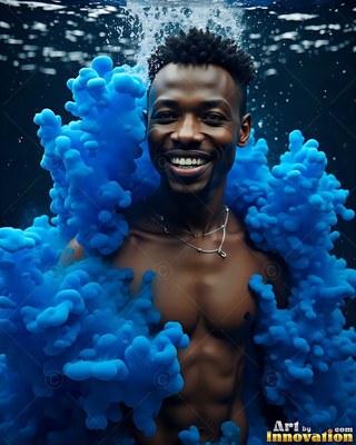 Facing forward in dark water, a shirtless man smiles inside blue clouds