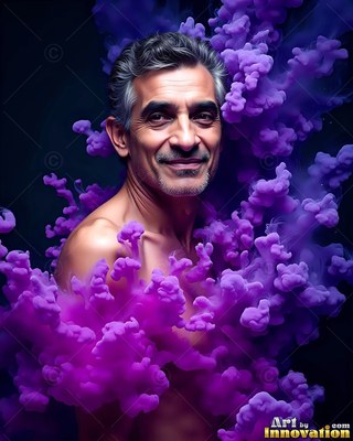 A smiling older shirtless man is surrounded by thick purple smoke clouds