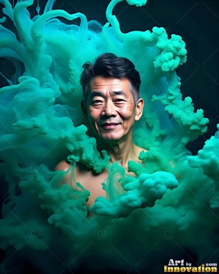 Against a dark background, a shirtless smiling man is surrounded by mint smoke