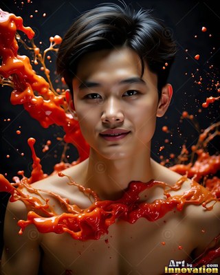 Smiling softly, a shirtless young man is splashed with thick orange paint