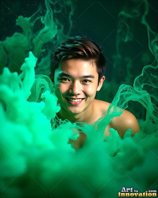 A grinning shirtless man surrounded by green smoke clouds