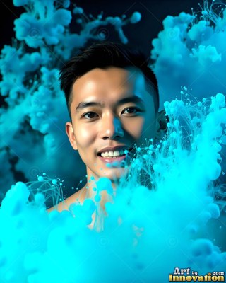 A smiling young man with dark hair rises out of puffy clouds of bright blue smoke