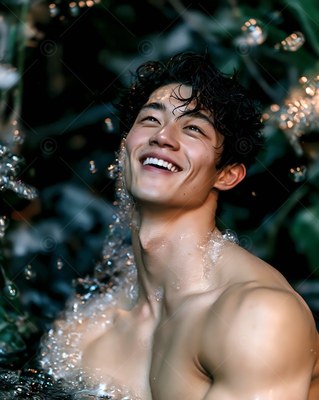 Smiling upward, a shirtless man rests in dark water surrounded by clear bubbles
