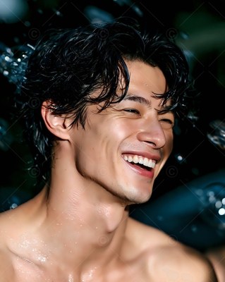 A man with a smile with wet black hair laughs as water splashes around him
