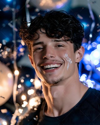 White paint on his cheek, a smiling man stands by fairy lights and dark balloons