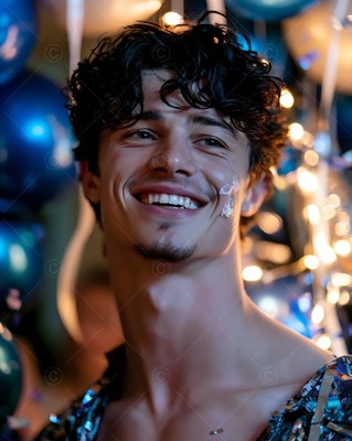 A man smiling tilts his head back near blue balloons and warm string lights