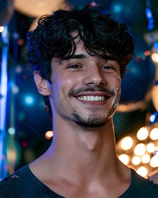 Facing forward at a party, a man with a smile has white cake frosting on his cheek