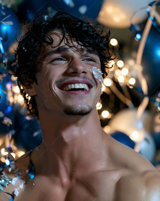 A shirtless grinning man with wet hair among dark blue balloons and party lights