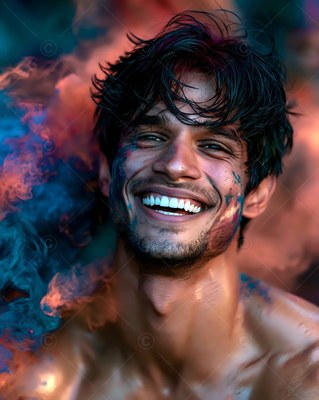 In orange and blue smoke, a smiling bare-chested man with paint on his face